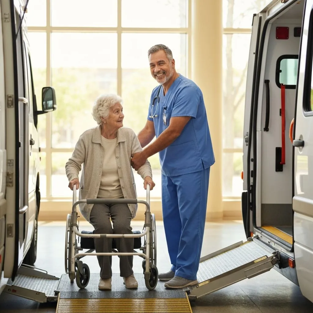 Caring medical transport team helping elderly patient board vehicle